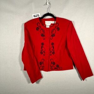 Vintage Karin Stevens Blazer Jacket Womens 12 Black Red Floral Embroidered